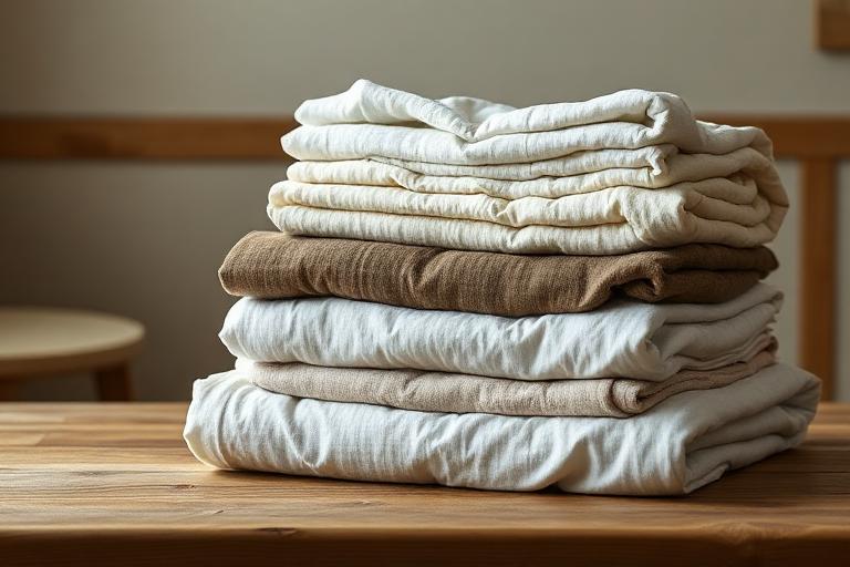 Folded blankets and bedsheets donated for rescued homeless people in Tamil Nadu