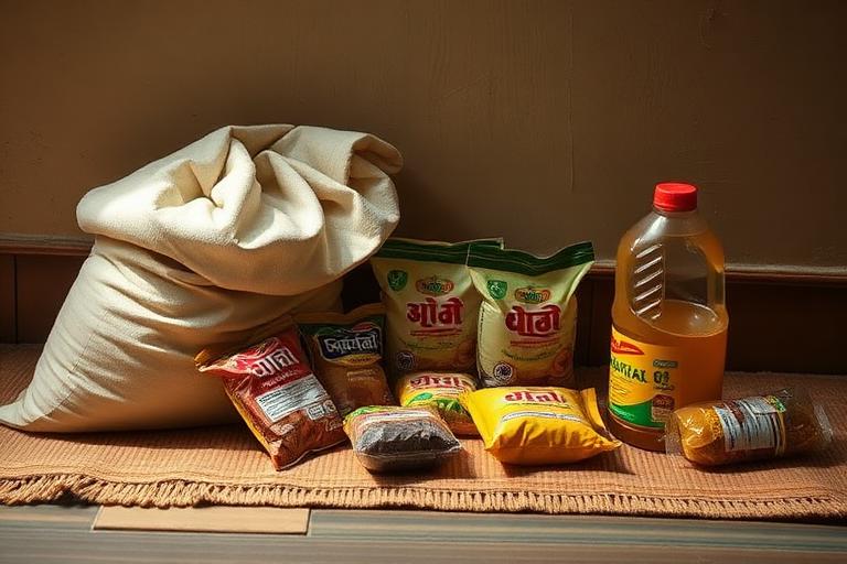 Monthly grocery kit of rice, dal and cooking oil for the Karunai Ullangal Trust shelter kitchen