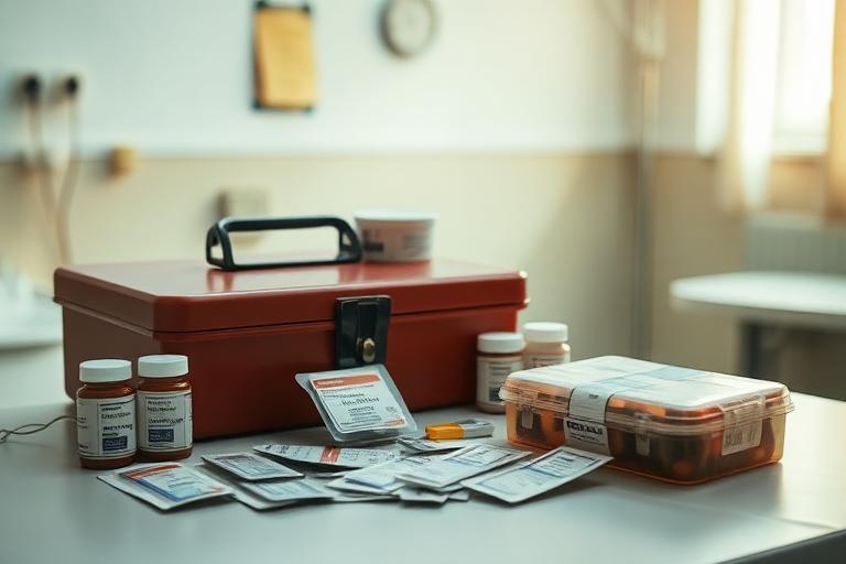Essential medicines and first aid box at the Karunai Ullangal Trust care shelter clinic