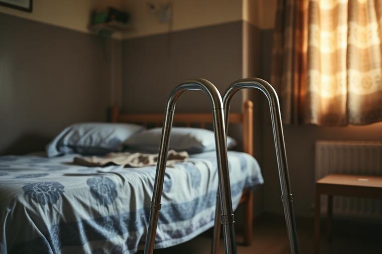Walking frame walker beside a bed in the Karunai Ullangal Trust elderly care home, Chennai