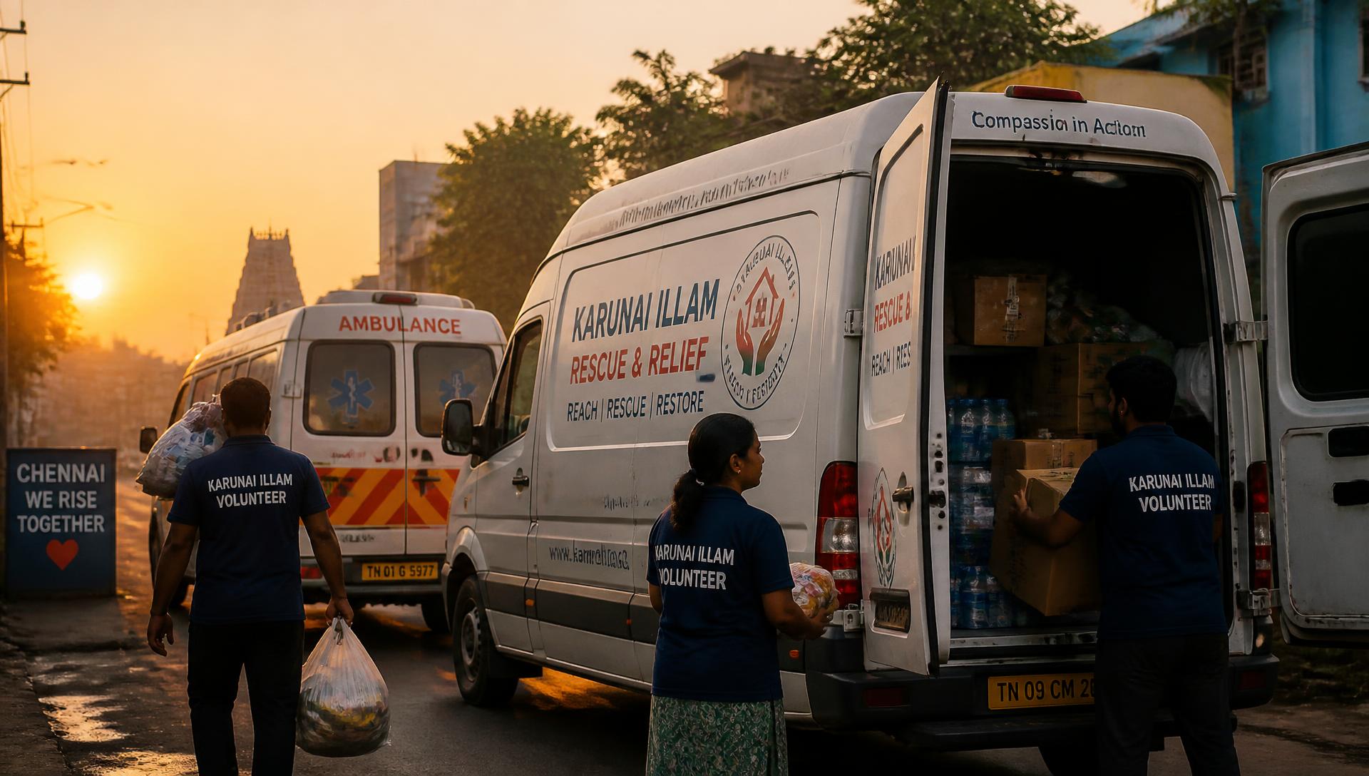 Karunai Ullangal Trust rescue ambulance being loaded with supplies at sunrise in Chennai
