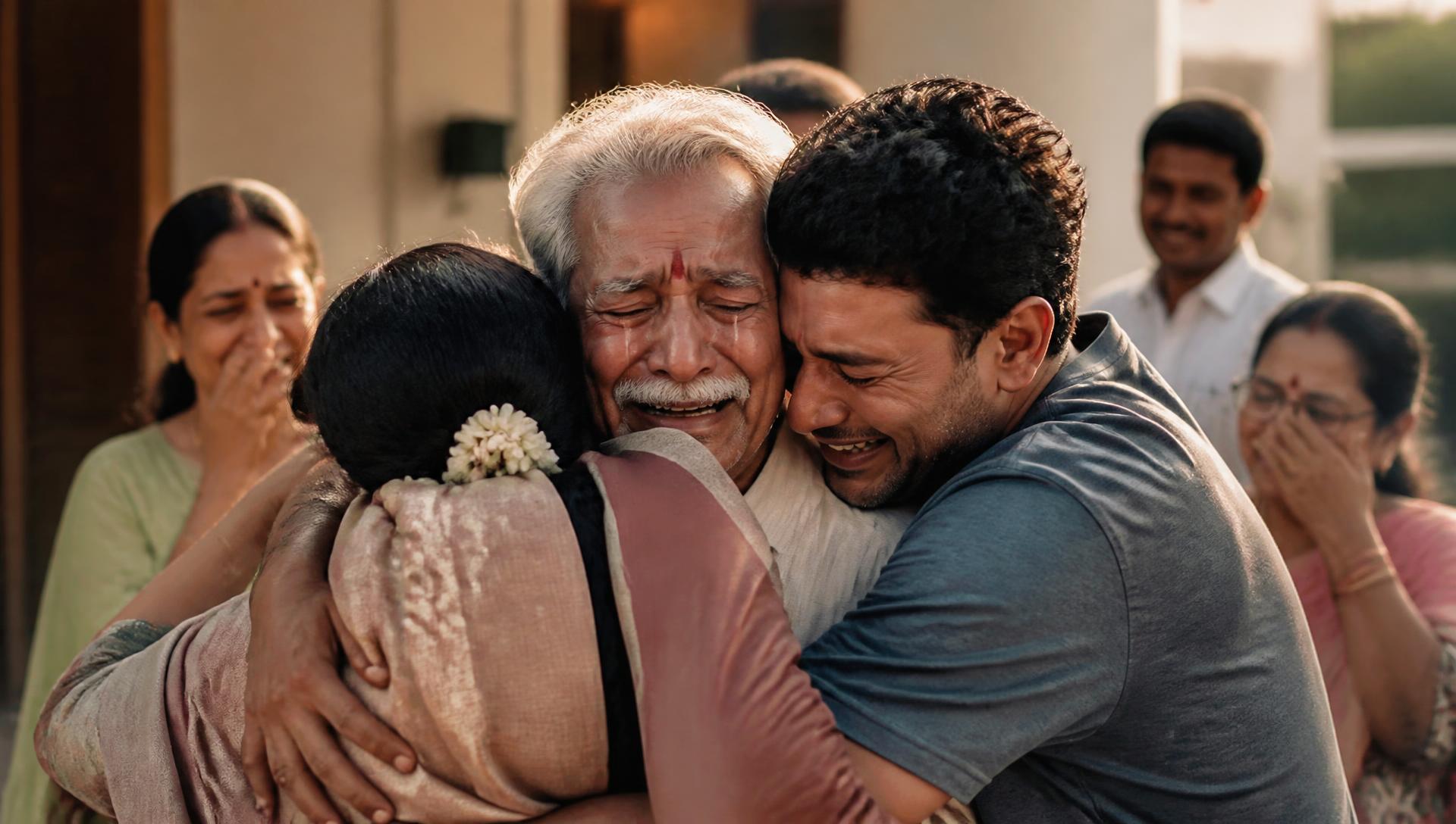 A rescued elderly man embraced by his family after being reunited by Karunai Ullangal Trust in Tamil Nadu