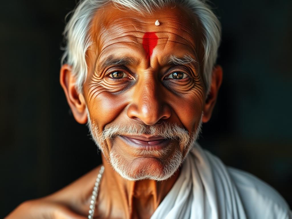 Portrait of a rescued elderly man in fresh white clothes after rehabilitation care at the Karunai Ullangal Trust shelter in Chennai