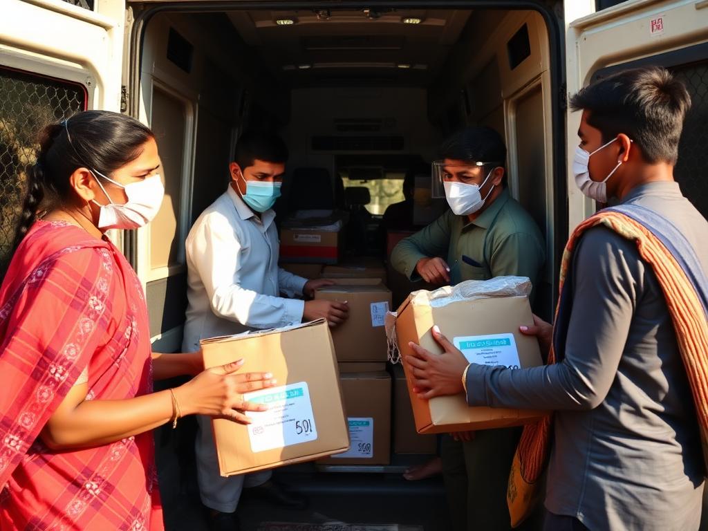 Karunai Ullangal Trust volunteers distributing COVID grocery relief kits from the free ambulance in Chennai